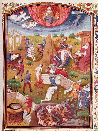 Boccace Vizyonu: işkence, asma, katliam sahnesi Minyatür “Soylu erkek ve kadın talihsizlik vakaları”ndan (De casibus) Giovanni Boccaccio dit Jean Boccace (1313-1375), İtalyan yazar, Laurent de Premierfait tarafından çevrildi ve t ile aydınlat by Master Dunois