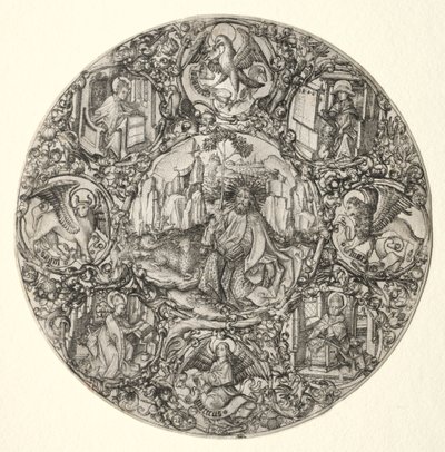 Vaftizci Yahya, Evanjelistler ve Latin Kilisesi'nin Dört Babası tarafından çevrili, 1466. by Master E. S.