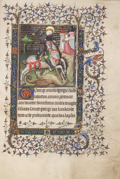 MS Widener 4 f.188r, St. George Ejderhayla Dövüşmek, Saatler Kitabından, Rennes kullanımı, c.1405 (parşömen üzerine kalem ve mürekkep ve tempera) by Master Lucon