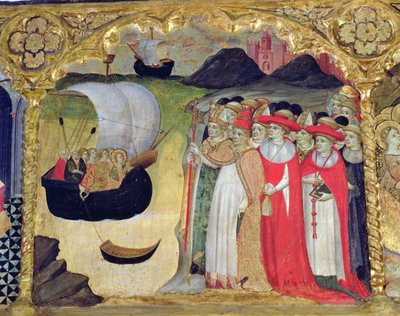 Papa Ciriaco ve maiyeti, 'Predela de Santa Ursula'dan aziz ve hizmetçilerini alırken (panelde tempera) by Master of Castellitx