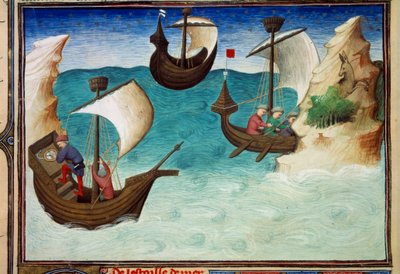Hint Okyanusu'ndaki denizciler yıldızlara ve usturlaba yönelirler. John (Jehan) de Mandeville (1300? 1382) yazan “” The Book of Wonders of the World””deki minyatür, Bayan 2810, folyo 188v, Master of Egerton tarafından aydınlatılmıştır. 1410-1412 civarı by Master of Egerton
