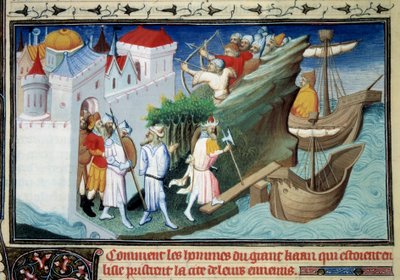 Japonlara karşı Büyük Han ya da “Adayı kuşatan Büyük Han'ın adamları Şehri düşmanlarından nasıl aldılar.” Minyatür, Marco Polo'nun (1254-1324) “” Harikalar Kitabı””ndan alınmıştır. Master of Egerton tarafından aydınlatıldı by Master of Egerton