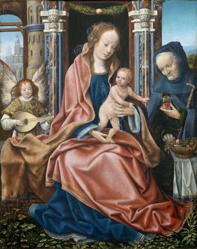 Kutsal Aile - Müzik Yapan Melekler ile Kutsal Aile Üçlemesi - Orta panel, Frankfurt Üstadı (c. 1460-1533), yaklaşık 1510-1520 - Ahşap üzerine yağlı boya, 78x60 - Museo del Prado, Madrid by Master of Frankfurt