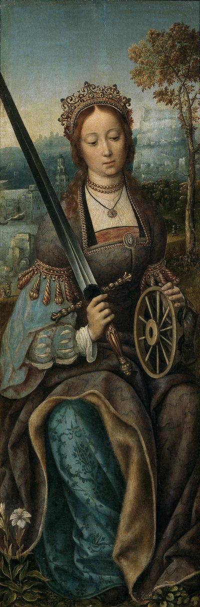 Müzik Yapan Meleklerle Kutsal Aile Üçlemesi. Sol panel: Aziz Catherine, yaklaşık 1510-1520 by Master of Frankfurt