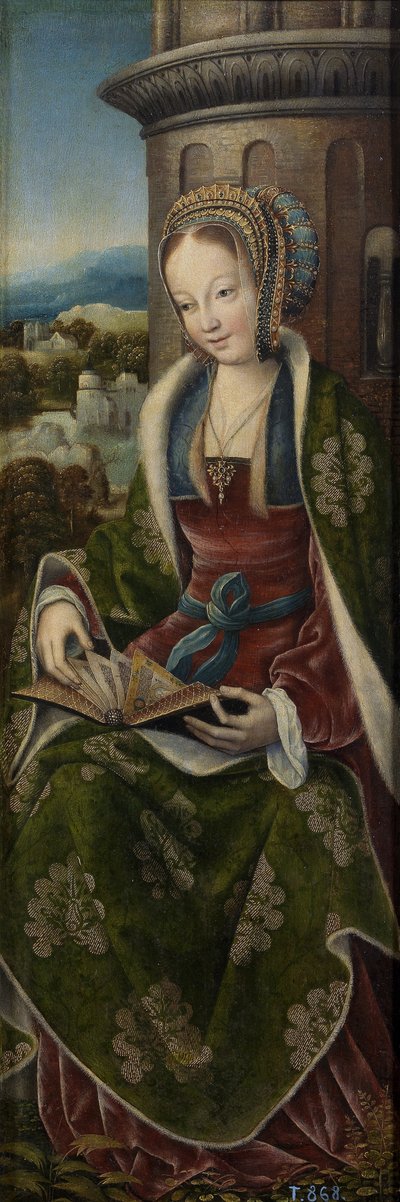 Müzik Yapan Meleklerle Kutsal Aile Üçlemesi. Sağ panel: Aziz Barbara, yaklaşık 1510-1520 by Master of Frankfurt
