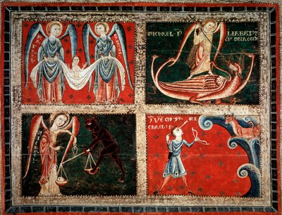 Başmelekler Raphael, Michel ve Gabriel (Başmelekler Mikail, Gabriel ve Raphael) Llussa ustasının tablosu (Llussa ustasının tablosu) 1220-1250 Santa Maria de Lluca manastırından, İspanya Barselona Museu Nacional d
