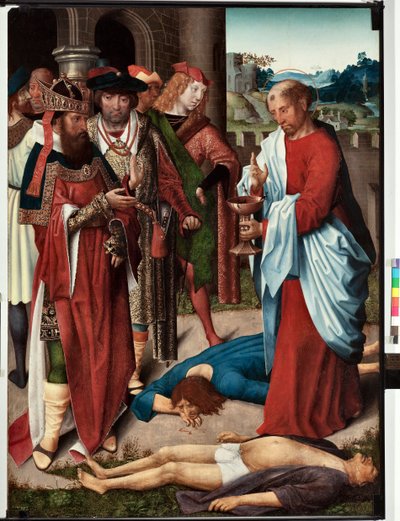 Aziz John evangelistinin hayatından bir bölüm: “Zehir kasesinin mucizesi” (St John evangelistinin hayatı, St John bir bardak zehir içer) San Giovanni evangelista (Aziz John Evangelist) ustası tarafından boyama (15. yüzyılın sonu yüzyıl) Dim 120x90 cm Gen by Master of Saint John Evangelist