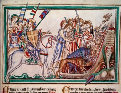 Rab ve Arması (ost), Bete ve O'na tapanları Cehennemde hızlandırıyor. “” Apocalypse historiee”” el yazmasından minyatür, Folio 38. 1250. Master of Sarum'un Tezhibi. Paris, Hollanda by Master of Sarum