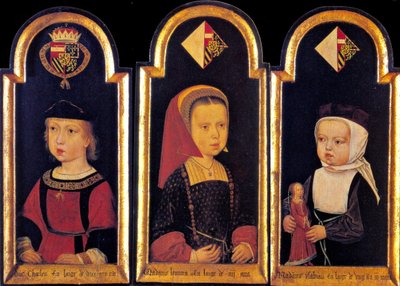 Arşidük Charles, daha sonra Kutsal Roma İmparatoru Charles V., kız kardeşleri Eleanor ve Isabella ile 2 yaşında, 1502 by Master of St.Georgsgilde