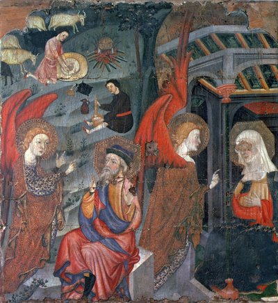 Tora, Segarra, Lleida'dan Bakire'ye adanmış bir mihraptan Arka Planda Peynir Yapan Çobanlarla Müjde (panelde tempera) by Master of Tora