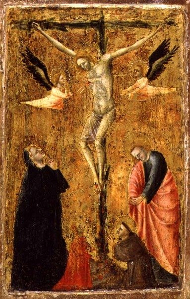 PD.8-1955 Bakire ve SS ile Çarmıha Gerilme. John the Evangelist, Francis of Assisi ve Mary Magdalene, c.1345 (panelde mizaç) by Master of Verrucchio
