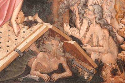 "Diriliş" ve "Arafta İniş", "Arafta İniş"in Detayı: Cehennemin kapıları ve yerdeki Şeytan figürü, c.1420 (fresk) by Master of Vignola