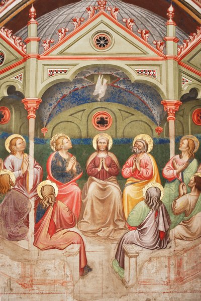 "Pentecost", Dua eden azizler, Meryem Ana ve güvercin ile ilgili detay, c.1420 (fresk) by Master of Vignola