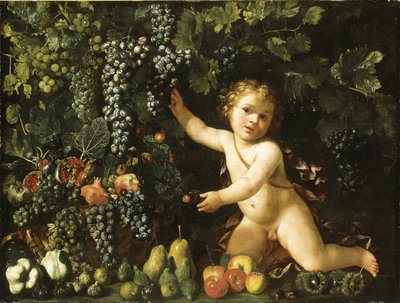 Bir sepet içinde asma üzüm, nar, üzüm ve kuşburnu, incir, elma, armut ve kestane ile bir putto by Master of the Acquavella Still Life