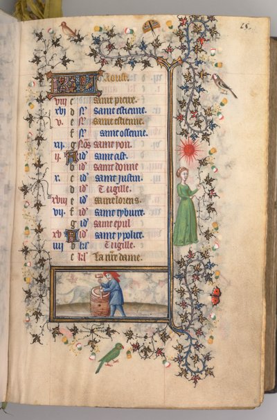 Charles the Noble, Navarre Kralı 1361-1425 saatleri: fol. 8r, Ağustos, c. 1405. by Master of the Brussels Initials and Associates