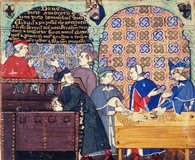 hırs. Bankacılık sahneleri olan bir minyatür by Master of the Cocharelli Codex