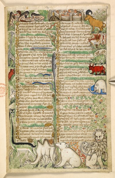 Ekle. 28841, f.3: Bir zürafa, aslan, deve ve fil gibi yamyamlar, surlarla çevrili bir kasaba ve egzotik hayvanlar, Treatise on the Virtues and Vices ve Sicilya