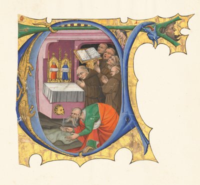 Bir grup Benedictine keşişinin su çıkaran bir sunağın önünde şarkı söylediği ilk T by Master of the Cypresses