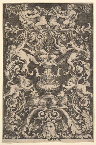 Putti, keçi ve diğer figürlerle süslenmiş pano, 1530-60. by Master of the Die