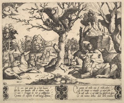 Bir ağacın tepesinde bir anka kuşu oturuyordu, kanatları açıktı, aşağıda çeşitli hayvanlar vardı, 1530-60. by Master of the Die