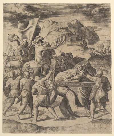 Askerler tarafından çevrili haçı taşıyan İsa, birkaç at sırtında, 1530-60. by Master of the Die