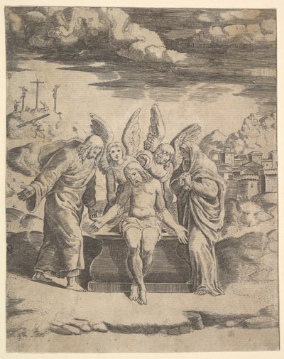 Melekler tarafından desteklenen mezarda oturan Mesih, 1530-60. by Master of the Die
