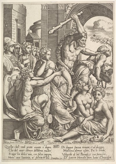 Sağdaki Kıskançlık veya Hırs, Herkül tarafından İlham Perilerinin tapınağından sürülürken ..., 1530-60. by Master of the Die