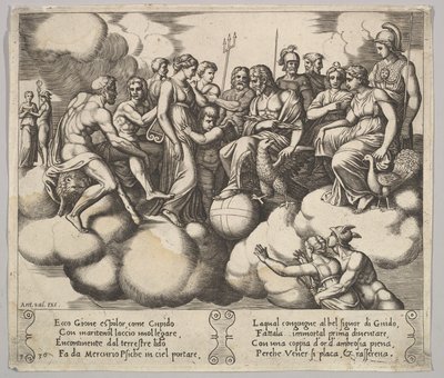 Levha 30: Venüs ve Aşk Tanrısı, Jüpiter ve diğer Tanrıların huzurunda davalarını savunuyorlar..., 1530-60. by Master of the Die