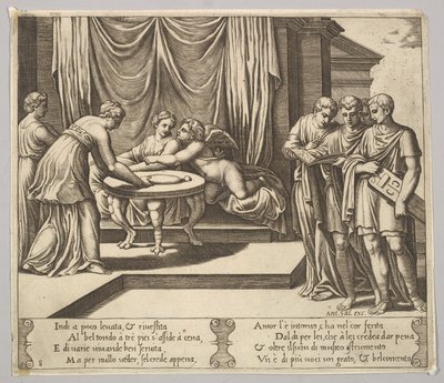Levha 8: Bir masada oturan ve görünmez hizmetçilerin eşlik ettiği Psyche, g..., 1530-60. by Master of the Die