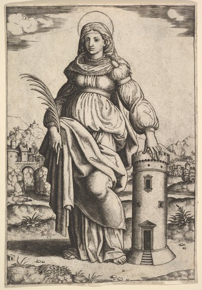 Aziz Barbara ayakta, avuç içi sağ elinde, sol elini bir kuleye dayamış, 1530-60. by Master of the Die