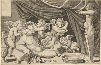 Roma İhtişamı Aynası: Priapus holding ile Putti ile çevrili Bacchus ..., 16. yüzyıl. by Master of the Die