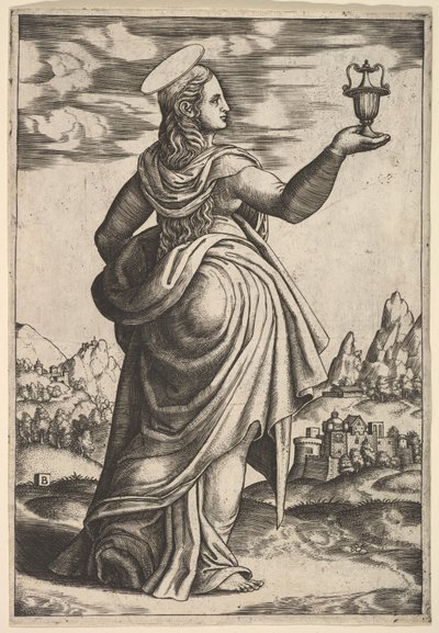 Magdalalı ayakta duruyor, kavanozu kaldırdığı sağ elinde tutuyor, 1530-60. by Master of the Die