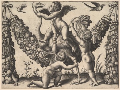Büyük bir çelenk önünde üç putti, ortadaki bir devekuşu sürüyor, ..., ca. 1530-40. by Master of the Die