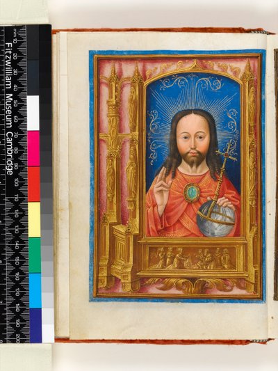 Işıklı El Yazması. Saatler Kitabı, folio 13 verso: Salve sancta fascies, küre ve kutsama tutan Salvator mundi olarak Mesih, nişlerde azizlerle mimari sınır ve Vernicle ile St Veronica, 1510 by Master of the Dresden Prayer Book