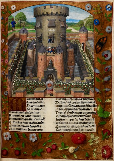 Jaluzi (Kıskançlık) tarafından askerler tarafından korunan bir kuleye hapsedilen Bel Acueil (Adil Karşılama), 'Le Roman de la Rose'dan by Master of the Dresden Prayer Books