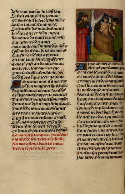 Minyatür, Nero'nun 'Le Roman de la Rose'dan Seneca'nın banyosunda bileklerinin kesilmesini izlediğini gösteriyor. by Master of the Dresden Prayer Books