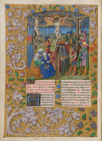 Temporale (1. kısım: Advent'in İlk Pazar gününden Kutsal Cumartesi gününe kadar). Çarmıha Gerilme (Kutsal Cuma). Çiçek dekorasyonu ile sınır. İki baş harfli iki metin sütunu. by Master of the Dresden Prayer Books
