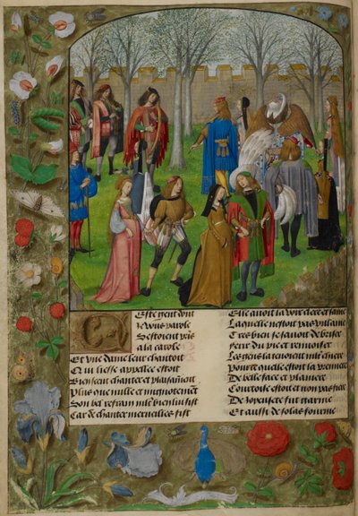 Bahçedeki Carolle. Aşık, 'Le Roman de la Rose'dan Sir Mirth ve Lady Gladness liderliğindeki bir grup çiftle dans etmeye davet edilir. by Master of the Dresden Prayer Books