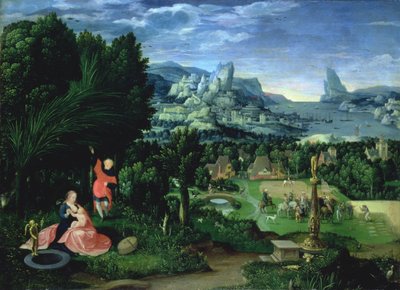 The Rest on the Flight into Egypt, landscape painted by Joachim Patinir (fl.1515-25) (panel) by Master of the Female Half Lengths