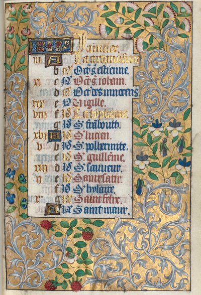 Rouen Kullanım Saatleri Kitabı: fol. 1r, Ayrıntılı Yapraklı Bordür, c. 1470. by Master of the Geneva Latini