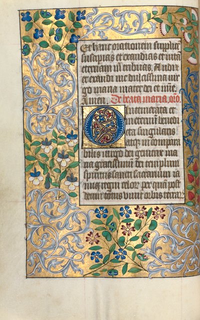Rouen Kullanım Saatleri Kitabı: fol. 22v, Ayrıntılı Kenarlıklı Büyük İlk O, c. 1470. by Master of the Geneva Latini
