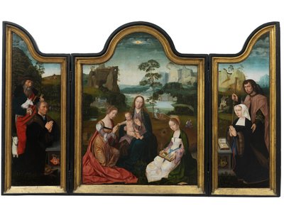 Aziz Catherine ve Aziz Barbara ile Bakire ve Çocuk, 1520-25 dolayları (panel üzerine yağlı boya) by Master of the Holy Blood