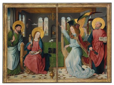 Müjde, Aziz Bartholomew ve Peter ile, bir mihraptan iki kanat by Master of the Holy Kinship