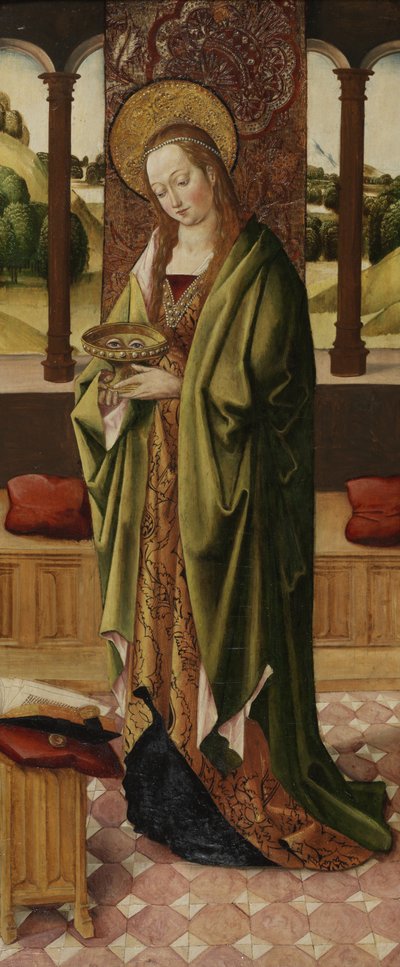 İki Melekli Bakire ve Çocuk Üçgeni, sağ panelden St. Lucy detayı, c.1500 (ayrıca bkz. 225326, 225327) by Master of the Lee Triptych Master of the Lee Triptych