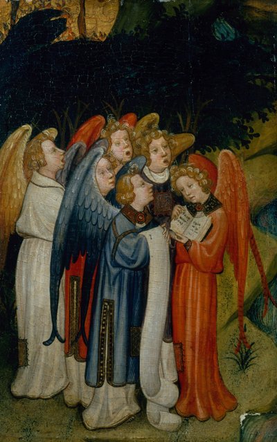 Melekler Korosu, parça, muhtemelen Doğuştan (altın panel üzerine yağlı boya) by Master of the Lindau Lamentation