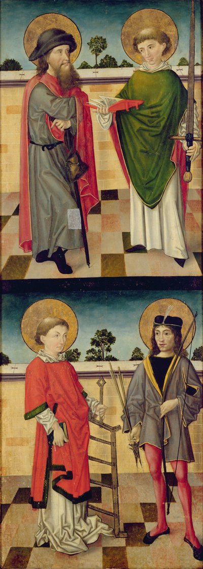 Üstte: Hacı olarak Aziz Yakup ve Elinde Kitap ve Kılıç Tutan Aziz Matta; Altta: St. Lawrence Bir Izgara Demiri Tutuyor ve St. Sebastian bir Yay ve Ok Tutuyor, bir sunak resminden bir panelin tersi by Master of the Luneburg Footwashers