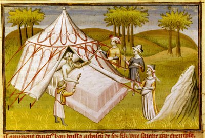 Moğol lideri Cengiz Han ölüm döşeğinde oğullarına son tavsiyelerini verirken, c.1410 (minyatür) by Master of the Mazarine