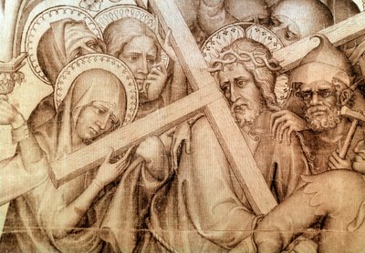 Narbonne'un parementi: Çarmıhını taşıyan İsa (ipek üzerine grisaille) by Master of the Parement of Narbonne