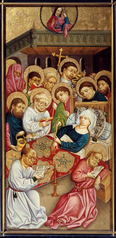Bakirenin ölümü. Azizler, Meryem Ana'nın yatağının etrafında toplanmaya veya bedenini dinlendirmeye gelirler. Yukarı Ren Efendisinin Tablosu by Master of the Rhine