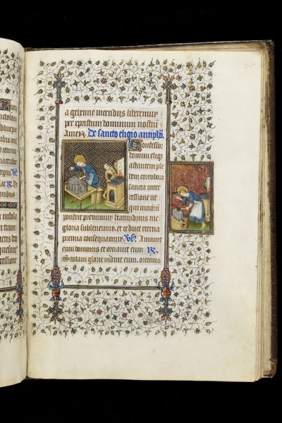 Ms 62 f.215r St. Eligius bir Tapınak yapıyor; St. Eligius at an Anvil, from a Book of Hours, c.1445-50 (parşömen) by Master of the Rohan Hours